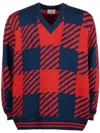 Bally Checked V-neck Cotton Jumper In Navy/red