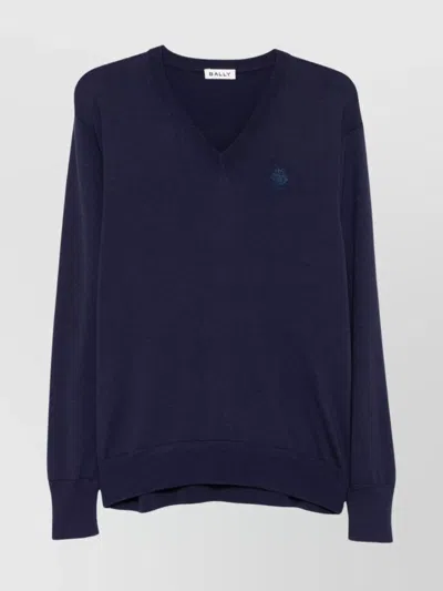 Bally V-neck Sweater With Ribbed Cuffs And Hem In Blue
