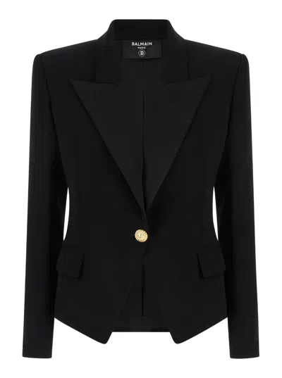 BALMAIN BLACK SINGLE-BREASTED BLAZER WITH ONE BUTTON IN CREPE WOMAN