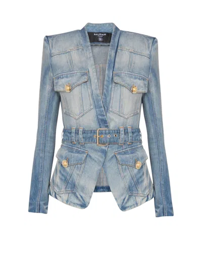 Balmain 1-button Belted Denim Jacket In Blue