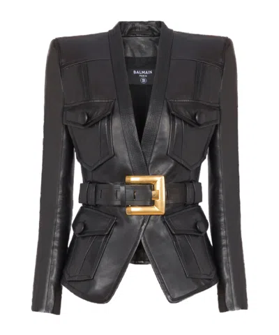 Balmain 1-button Belted Leather Jacket In Black