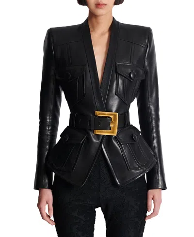 Balmain Belted Buttoned Blazer Pockets In Black
