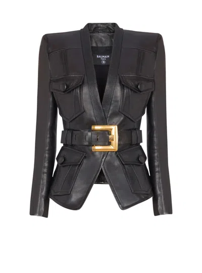 Balmain 1-button Belted Leather Jacket In Black