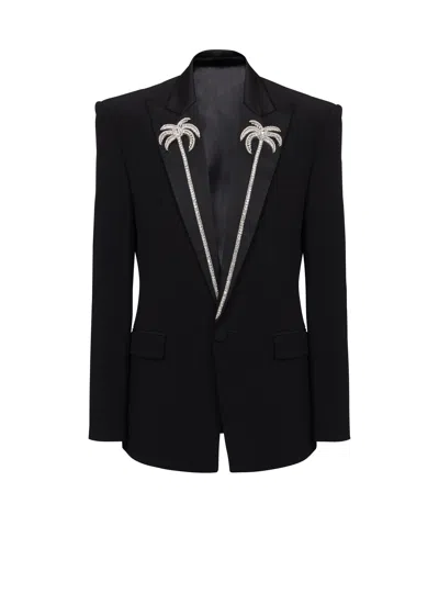 Balmain 1-button Jacket With Embroidered Palm Tree Collar In Black