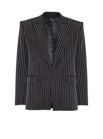 Balmain 1-button Wool Jacket With Crystal Stripes In Black