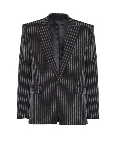 BALMAIN 1-BUTTON WOOL JACKET WITH CRYSTAL STRIPES