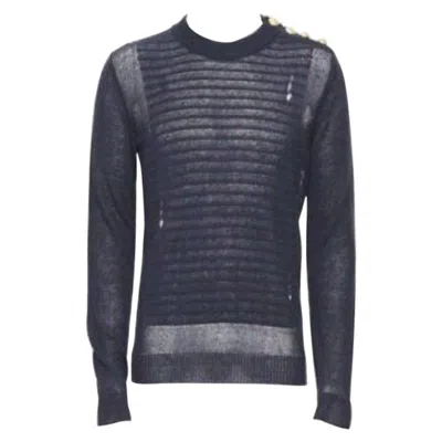 Pre-owned Balmain 100% Linen Navy Stripe Gold Military Button Distressed Sweater Xs In Blue