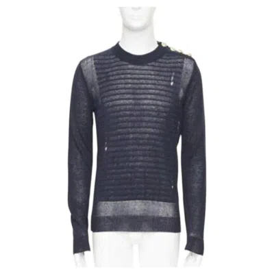 Pre-owned Balmain 100% Linen Navy Stripe Gold Military Button Distressed Sweater Xs In Blue