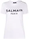 Balmain White Crewneck T-shirt With Logo Print And Golden Buttons In Jersey Woman