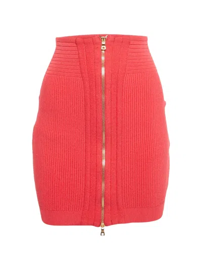 Pre-owned Balmain 1173024 Rib-knit Skirt In Red