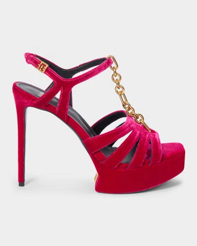 Balmain 125mm Sync Velvet Platform Sandals In Red