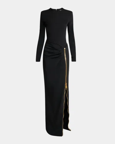 Balmain Long Sleeve Draped Zip Compact Jersey Maxi Dress In Black