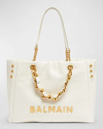 Balmain 1945 Cabas Tote Bag In Monogram Crinkled Leather In Creme