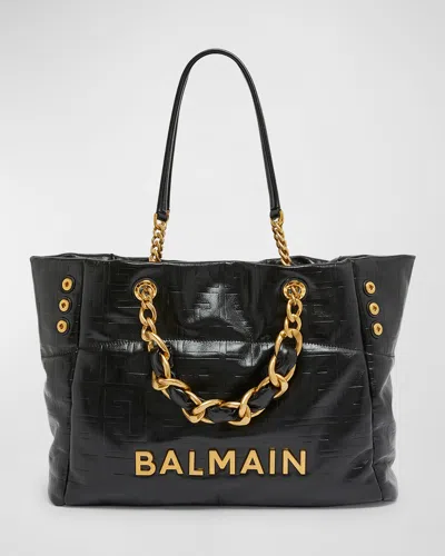 Balmain 1945 Cabas Tote Bag In Monogram Crinkled Leather In Noir