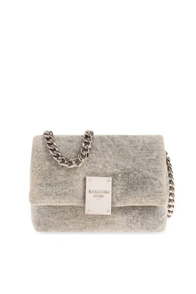 Balmain 1945 Denim Mini Shoulder Bag In Grey