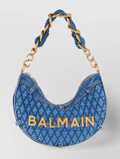 Balmain 1945 Denim Quilted Moon Bag In Blue