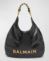 Balmain Large 1945 Soft Hobo Bag In Embossed Crinkled Calfskin With A Pb Labyrinth Monogram In Noir