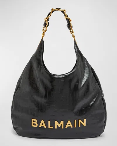 BALMAIN 1945 HOBO BAG IN MONOGRAM CRINKLED LEATHER