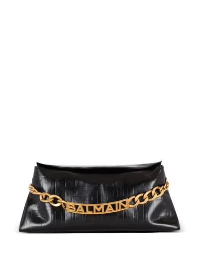 Balmain 1945 Clutch Bag In Calf Leather With Chain And Logo In Black
