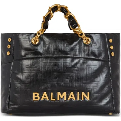 Balmain 1945 Monogram Embossed Soft Leather Tote In 0pa Black