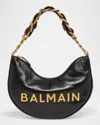 Balmain 1945 Moon Shoulder Bag In Pb Embossed Crinkle Leather In Noir