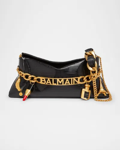Balmain 1945 Pouch Clutch Bag In Striped Patent Leather With Charms In Black