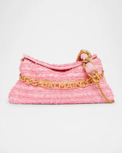 Balmain 1945 Pouch Clutch Bag In Tweed Fabric With Logo Chain In Rose Bonbon