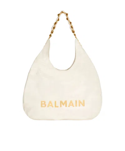 Balmain 1945 Hobo Bag In Monogram Crinkled Leather In Creme