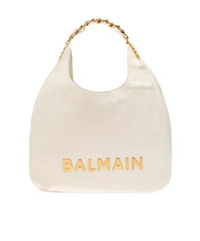 Balmain 1945 Soft Hobo Bag In Embossed Crinkled Calfskin With A Pb Labyrinth Monogram In White