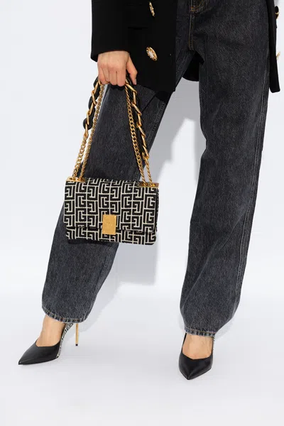 Balmain 1945 Soft Small Shoulder Bag In Monogram Jacquard In Black