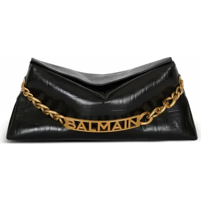 Balmain 1945 Soft Clutch In Crinkled Calfskin Leather In Black