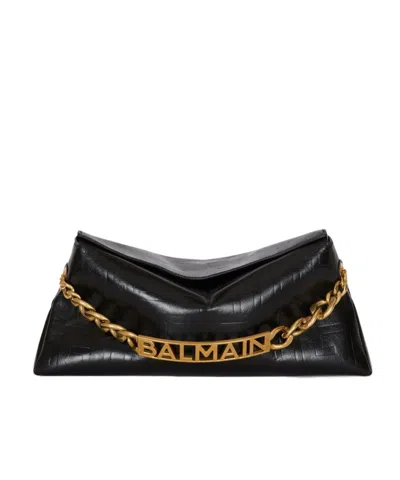 Balmain 1945 Soft Clutch In Crinkled Calfskin Leather In Black