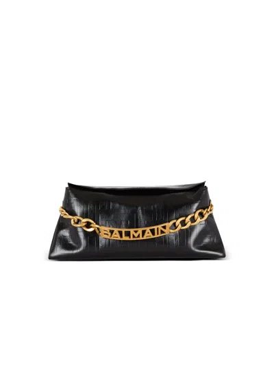 Balmain 1945 Soft Clutch In Monogrammed Calfskin In Black