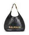 Balmain Large 1945 Soft Hobo Bag In Embossed Crinkled Calfskin With A Pb Labyrinth Monogram In Black