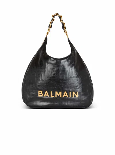 Balmain 1945 Soft Hobo Crinkled Leather Tote Bag With Monogram In Black