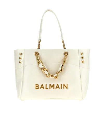 Balmain 1945 Soft Logo Plaque Tote Bag In White