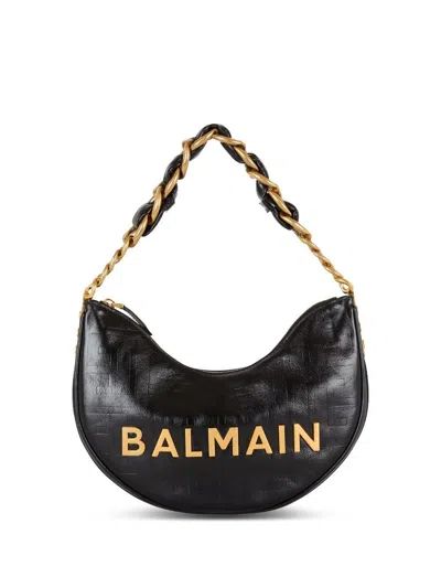 Balmain 1945 Soft Moon Bag-pb Emb Crinkled Lth In Noir