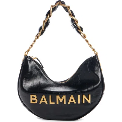 Balmain 1945 Soft Moon Logo Embossed Leather Hobo Bag In 0pa Black