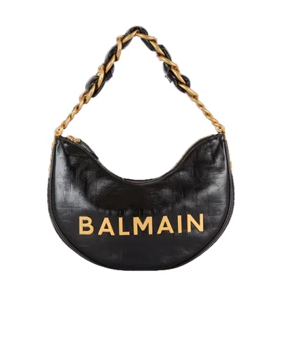 Balmain 1945 Soft Moon Bag In Monogrammed Calfskin In Black