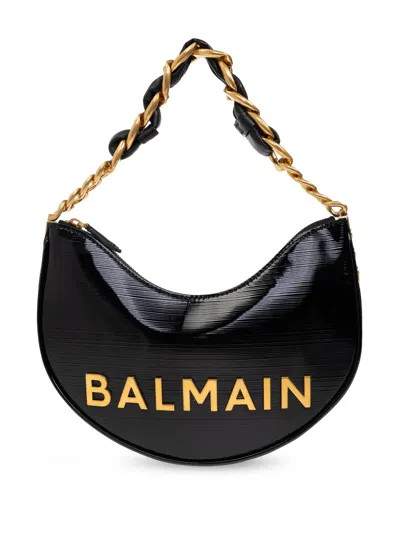 Balmain 1945 Soft Moon Logo Embossed Leather Hobo Bag In Black