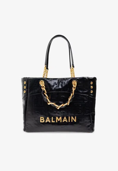Balmain 1945 Soft Pb Monogram Crinkled Leather Tote Bag In Black