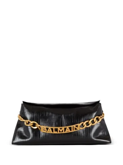 Balmain 1945 Soft Pouch-pb Emb Crinkled Lth In Black