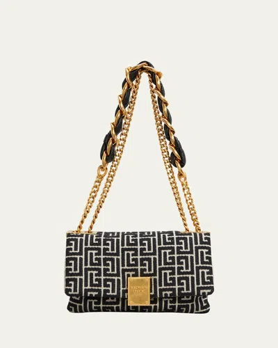 Balmain 1945 Soft Small Shoulder Bag In Monogram Jacquard In Black