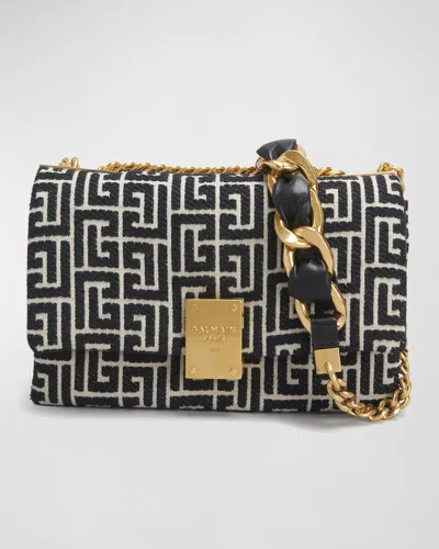 Balmain 1945 Soft Small Shoulder Bag In Monogram Jacquard In Ivory/noir