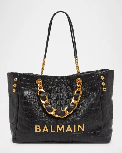 Balmain 1945 Soft Tote Bag In Croc-embossed Leather In Black