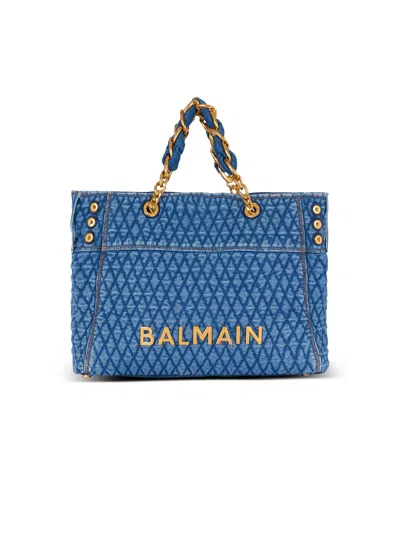 Balmain 1945 Soft Tote Bag In Diamond-quilted Denim In Blue