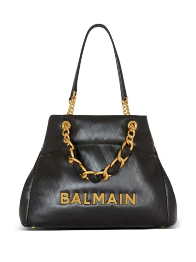 Balmain 1945 Grid Leather Tote Bag In Black