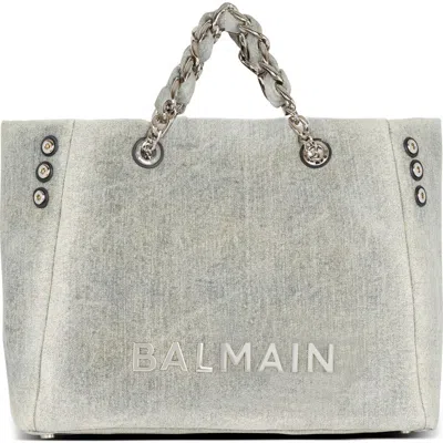 Balmain 1945 Soft Washed Denim Tote In Navy/beige