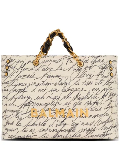 Balmain 1945 Soft Xxl Tote Bag In Printed Canvas In Beige