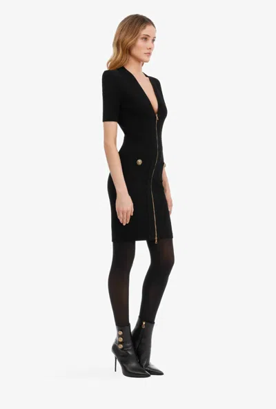 Pre-owned Balmain 1995$ Short Black Knit Dress - Gold-tone Zip Fastening